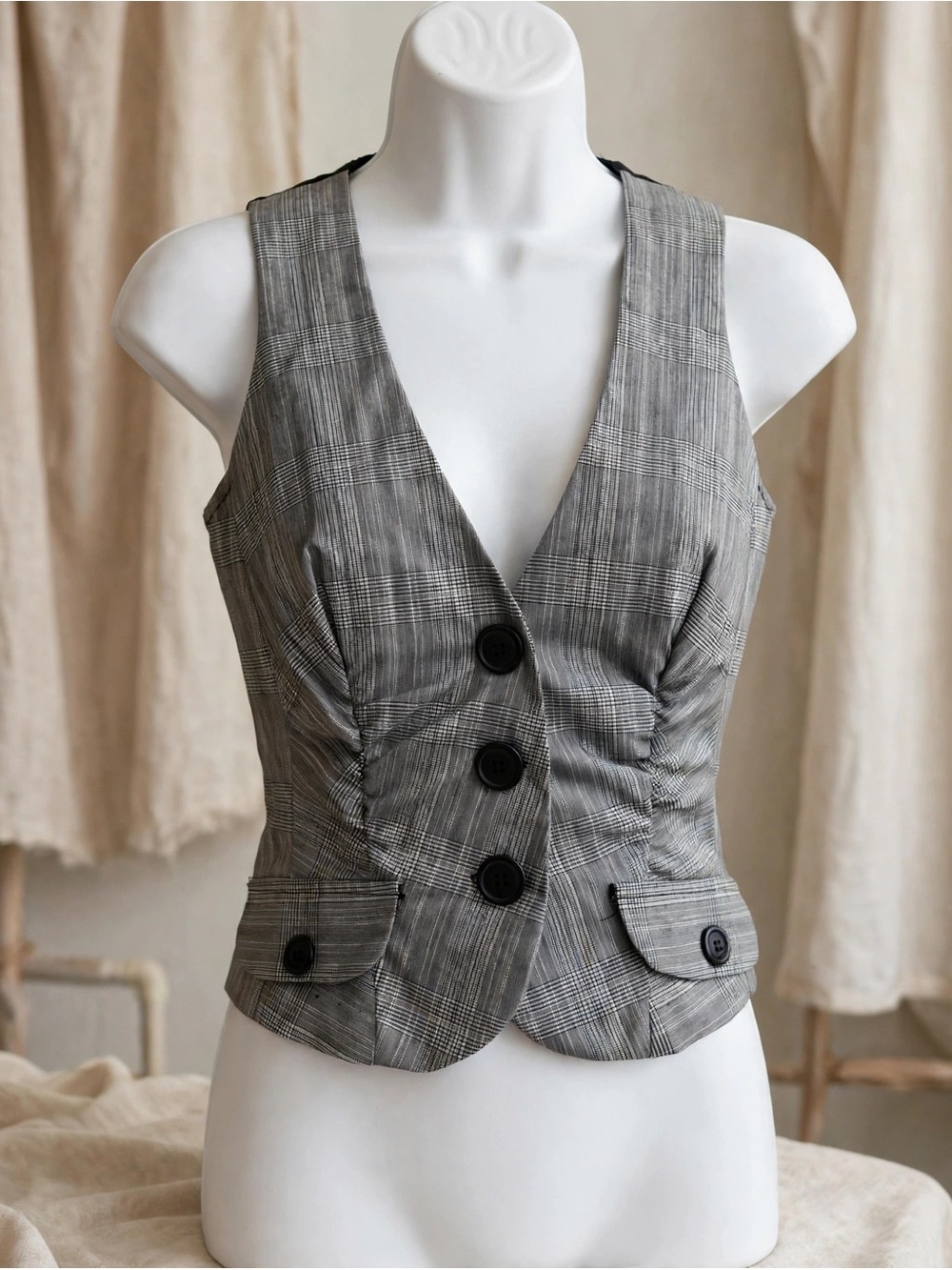 Tailored Gray Plaid Women's Vest with Button Front